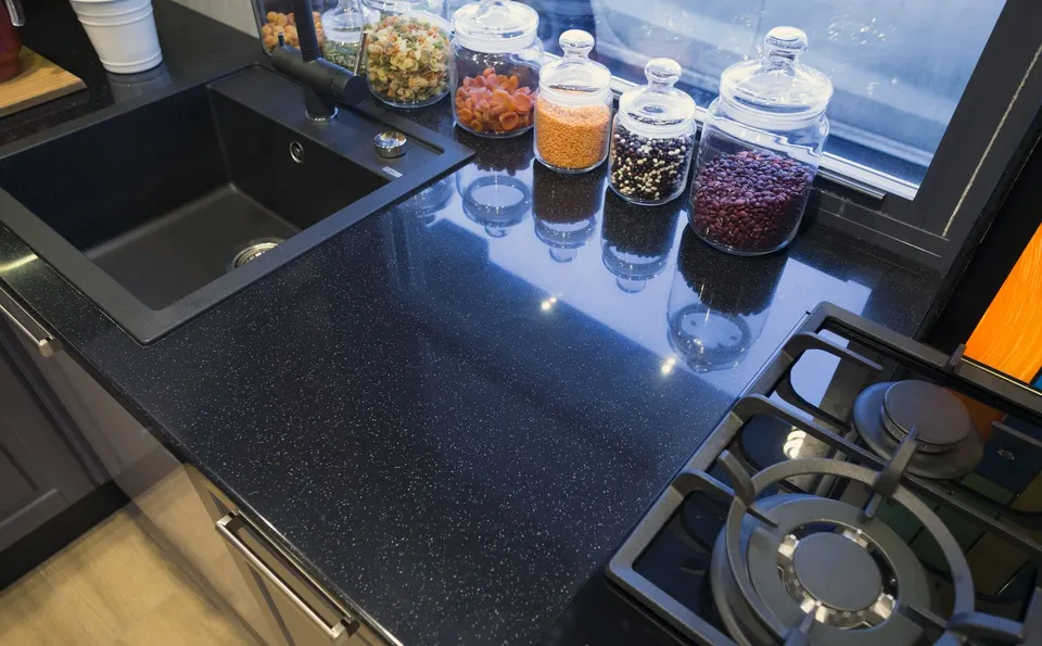 Black sparkle solid surface kitchen worktop with undermount sink