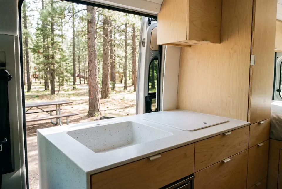 3D visualisation: camper van kitchen worktop with integrated sink