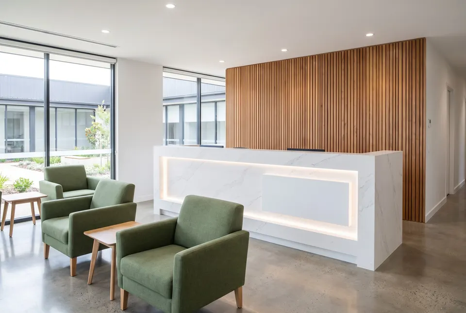 3D visualisation: backlit solid surface reception desk in a clinic waiting area
