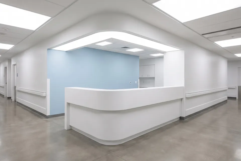 3D visualisation: curved nurse station in a hospital corridor