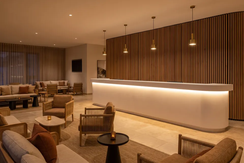 3D visualisation: backlit white solid surface reception desk in a hotel lobby