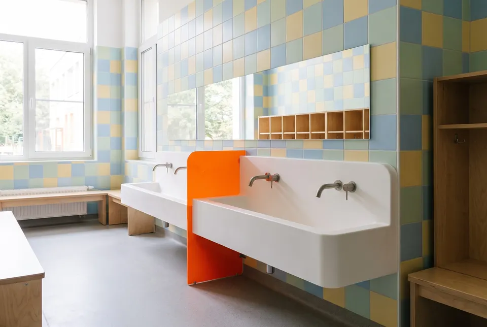 3D visualisation: low children's washbasin with integrated troughs in a kindergarten washroom