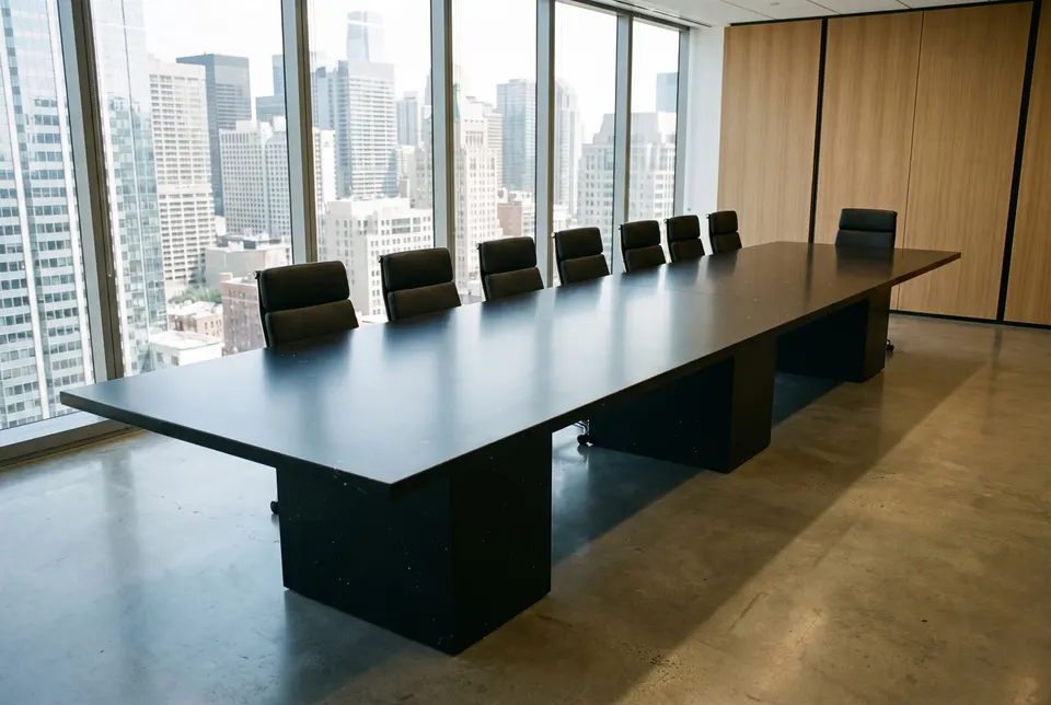 3D visualisation: long dark solid surface conference table in an office