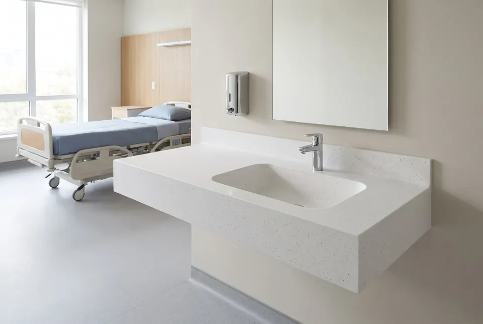 3D visualisation: integrated washbasin and worktop in a hospital patient room