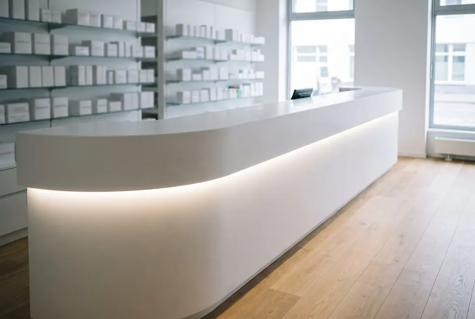 3D visualisation: curved backlit pharmacy counter in white solid surface