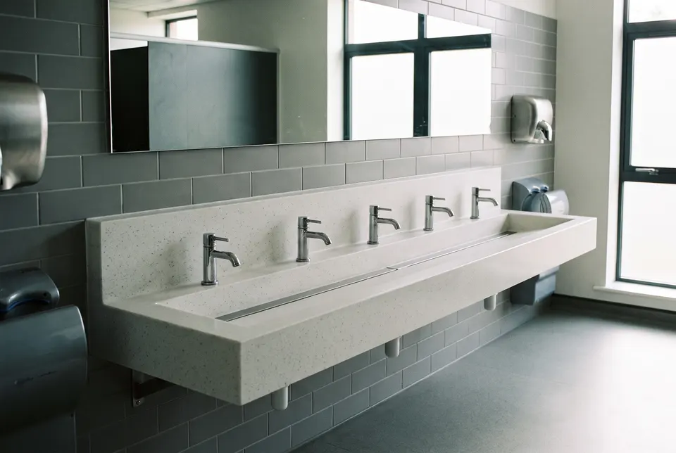 3D visualisation: multi-tap trough basin in a school washroom