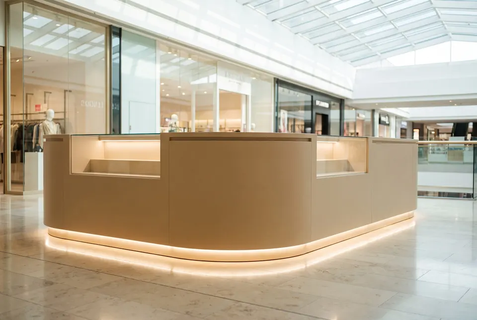 3D visualisation: curved backlit kiosk island in a shopping centre