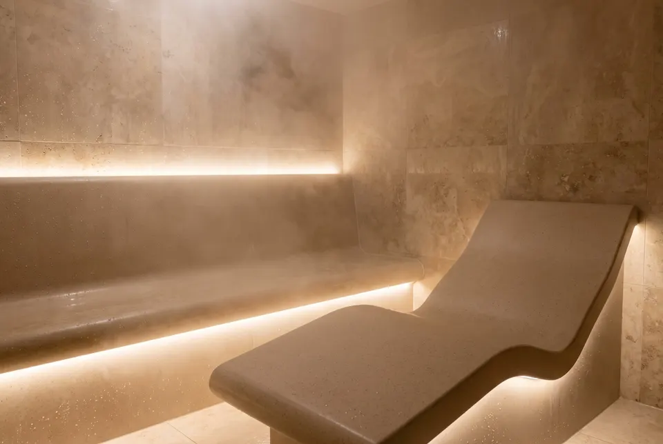 3D visualisation: solid surface benches and lounger in a spa