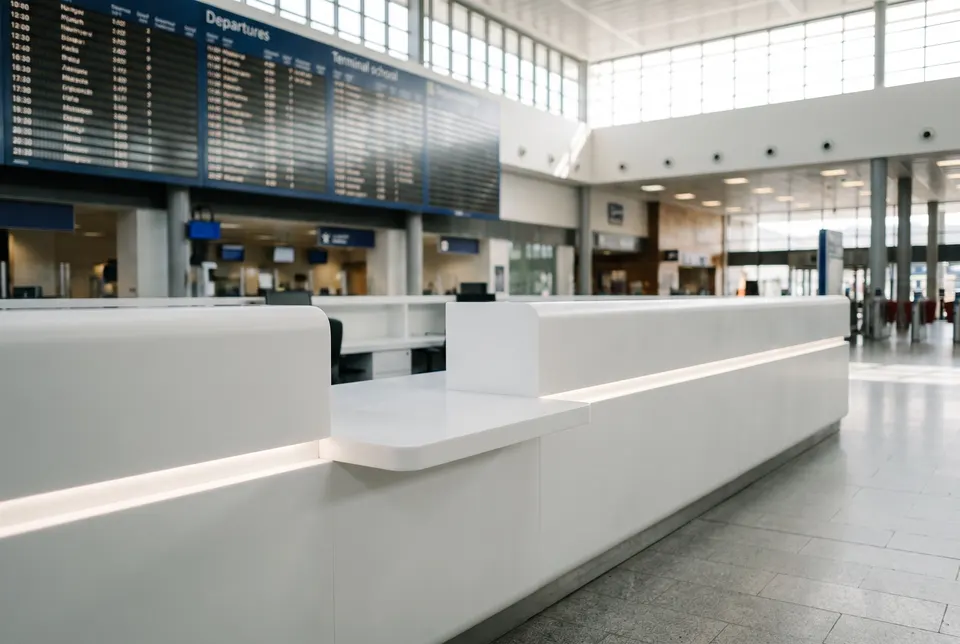 3D visualisation: information desk in a transport terminal concourse