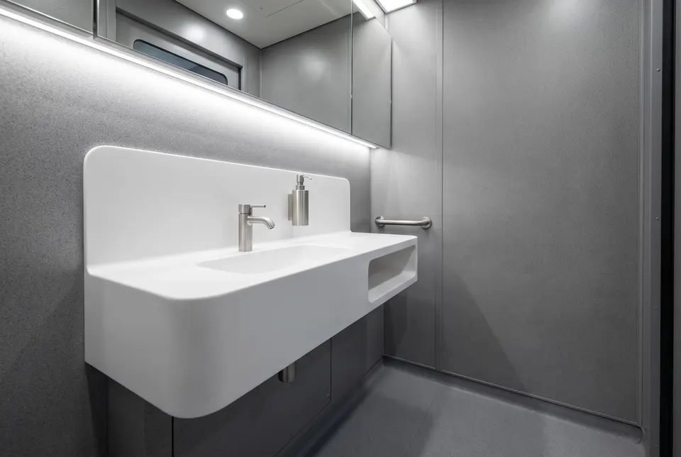 3D visualisation: compact integrated washbasin in a train washroom