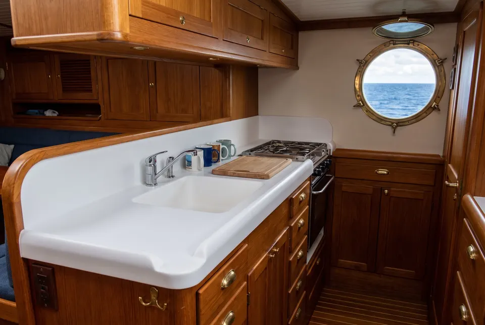 3D visualisation: yacht galley worktop with integrated sink and fiddle rail